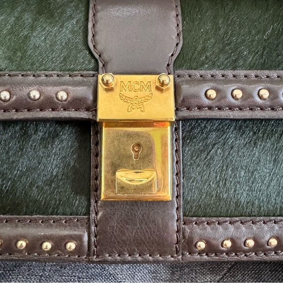 MCM Dark Green Haircalf & Brown Leather Shoulder Bag with Gold Chain - Picture 2 of 9